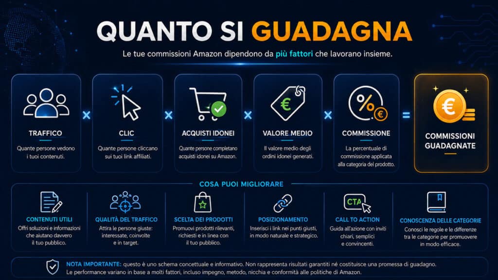 Affiliazione Amazon: come funziona, requisiti, commissioni e come iniziare 3 Formula visuale dei fattori che determinano le commissioni da affiliazione Amazon: traffico, clic, acquisti idonei, valore medio e percentuale di commissione.