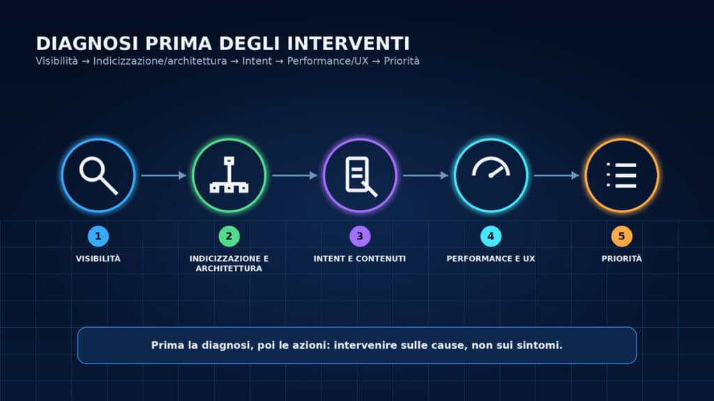 Ottimizzazione sito web: analisi e interventi per migliorare visibilità, performance e conversioni 1 Processo diagnostico che passa da visibilità e indicizzazione ad architettura, contenuti, performance, UX e priorità