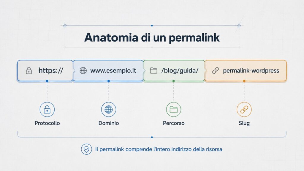 Permalink: cosa sono, come funzionano in WordPress e come modificarli in sicurezza 1 Anatomia di un permalink con protocollo, dominio, percorso e slug