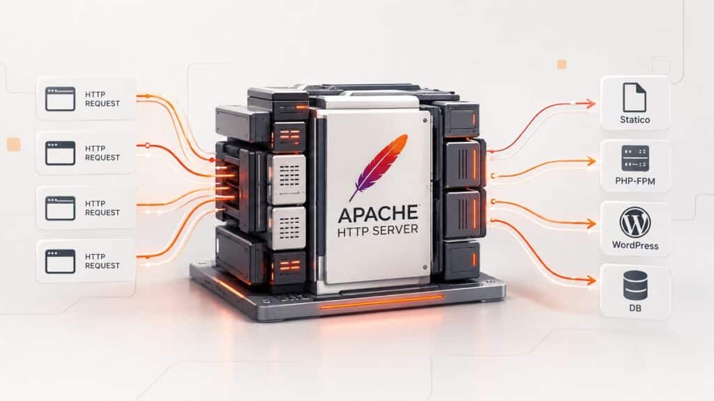 Apache: cos'è, come funziona e a cosa serve il web server 1 Flusso di una richiesta da Apache verso contenuti statici, PHP-FPM, WordPress e database