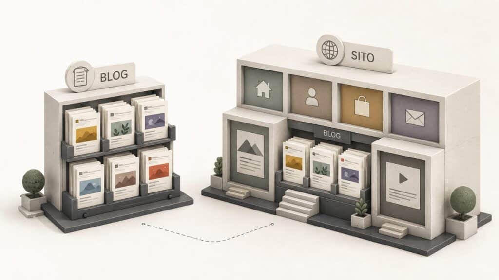 Blog: cos'è, cosa significa e come funziona 1 Schema della differenza tra un blog che coincide con il sito e un blog inserito come sezione di un sito web