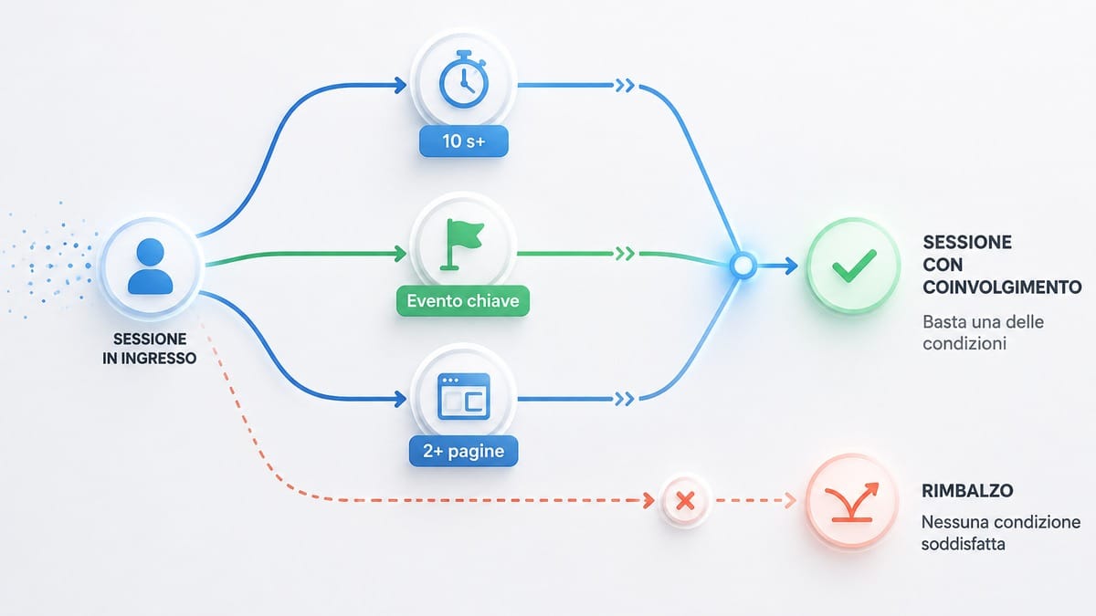 Bounce rate: cos’è, come si calcola in GA4 e come interpretarlo 1 Schema dei tre criteri GA4 che rendono una sessione coinvolta: durata oltre 10 secondi, evento chiave o almeno due pagine