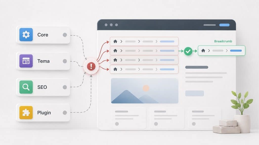 Breadcrumb WordPress: come aggiungerli con blocco, plugin o codice 1 Tema, core e plugin WordPress che generano breadcrumb concorrenti prima della scelta di una sola sorgente