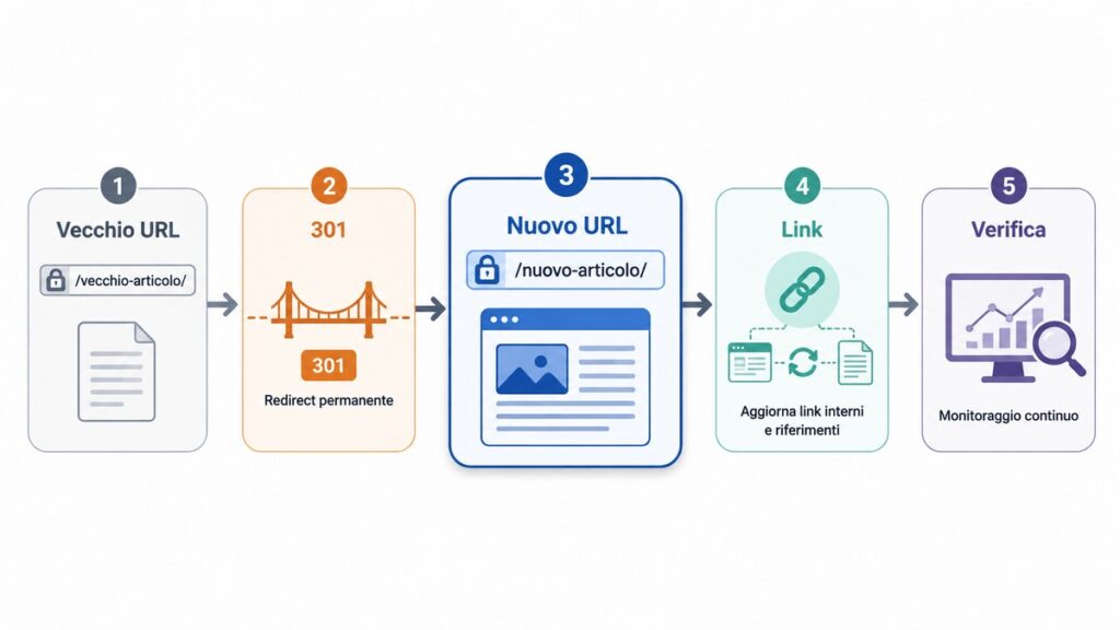 Permalink: cosa sono, come funzionano in WordPress e come modificarli in sicurezza 2 Flusso di migrazione da un vecchio permalink a un nuovo URL tramite redirect 301