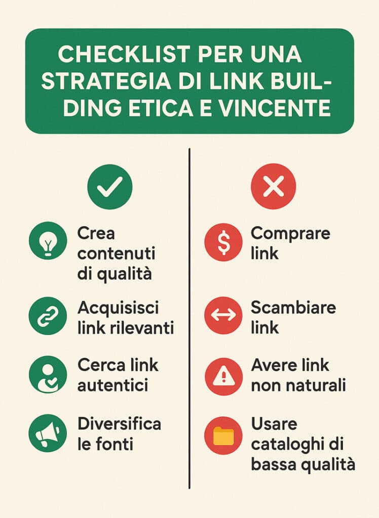 Checklist visuale con icone per strategie di link building etiche e da evitare, in stile flat design