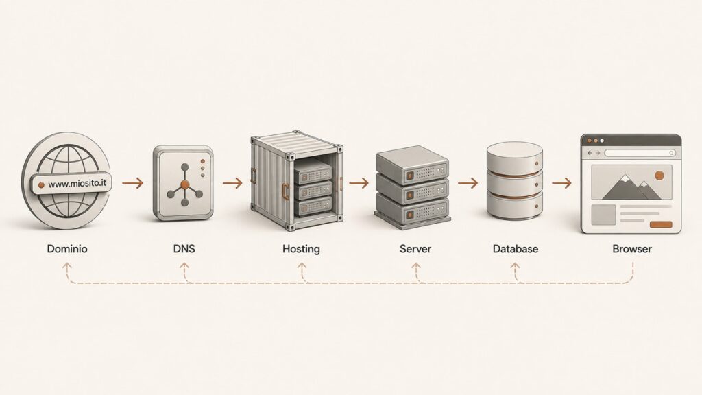 Hosting: significato, cos’è, a cosa serve e come funziona 1 Schema del funzionamento di dominio DNS hosting server database e browser