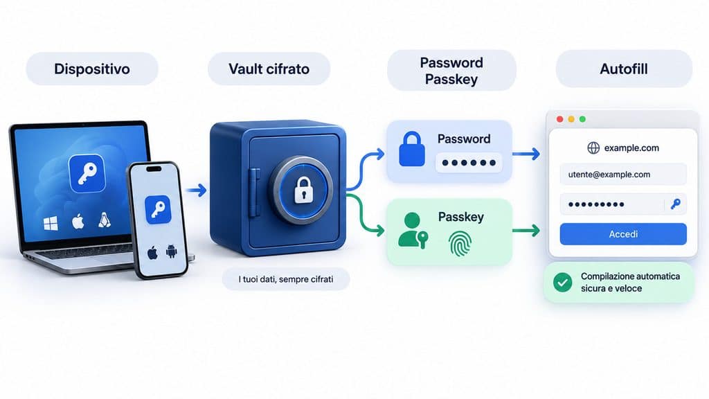 Password manager: i migliori gestori di password e quale scegliere 1 Schema del funzionamento di un password manager con vault cifrato, password, passkey e autofill