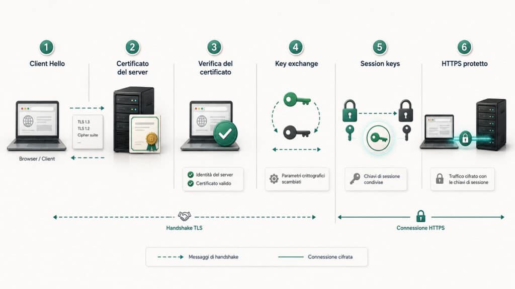 SSL: cos’è un certificato SSL/TLS, come funziona e a cosa serve 1 Schema del TLS handshake tra browser e server con certificato, scambio delle chiavi e sessione HTTPS cifrata SSL