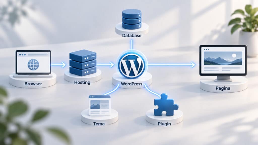 WordPress: cos’è, come funziona e come iniziare a usarlo 1 Schema del funzionamento di WordPress con browser, hosting, core, database, tema, plugin e pagina finale