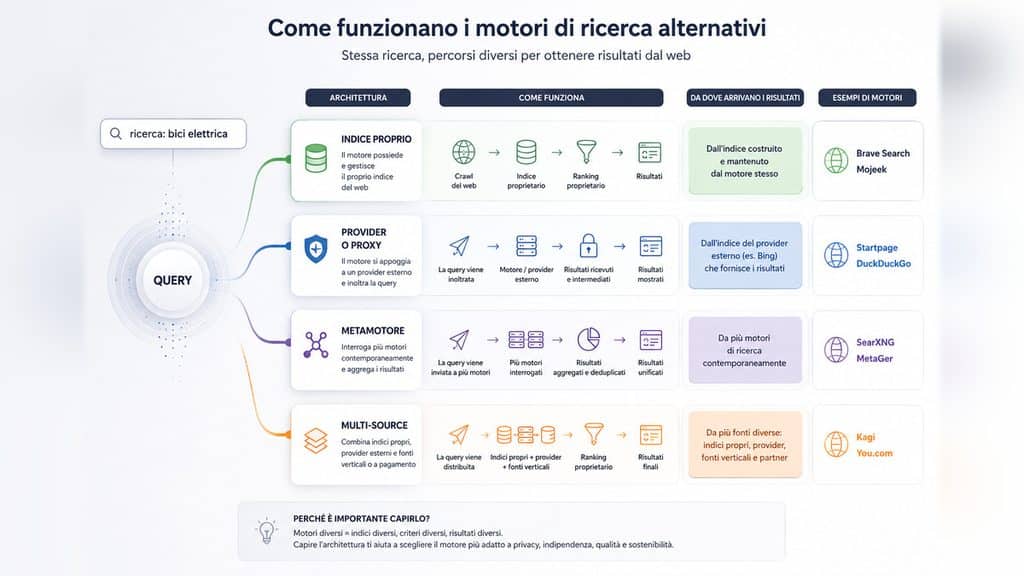 Motori di ricerca alternativi a Google: quali scegliere e perché 1 Differenza tra indice proprio, provider esterno, metamotore e ricerca multi-source