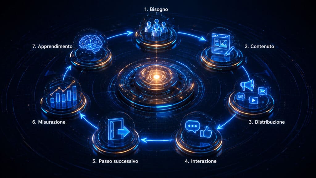 Content marketing: cos'è, come funziona e come creare una strategia efficace 1 Ciclo del content marketing dal bisogno al contenuto, distribuzione, interazione, misurazione e apprendimento
