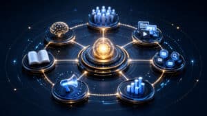 Ecosistema di content marketing con strategia centrale collegata a pubblico, contenuti, distribuzione, conoscenza e misurazione
