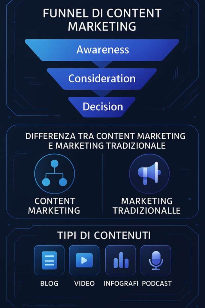 Infografica verticale sul content marketing con funnel, confronto con il marketing tradizionale e tipologie di contenuti come blog, video, infografiche e podcast