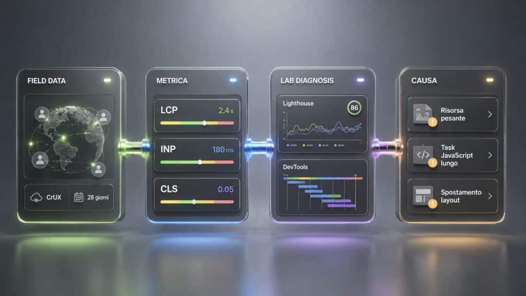 Core Web Vitals: cosa sono, come misurarli e migliorarli 1 Flusso dai field data alle metriche Core Web Vitals, quindi alla diagnosi di laboratorio e alle possibili cause tecniche.