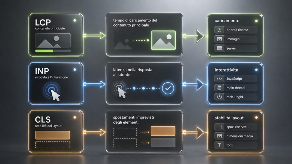 Core Web Vitals: cosa sono, come misurarli e migliorarli 2 Schema di LCP, INP e CLS con il rispettivo meccanismo e le principali classi di intervento tecnico.