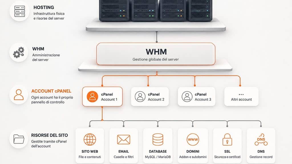 cPanel: cos'è, a cosa serve e come funziona nell'hosting 1 Schema della relazione tra hosting, WHM, account cPanel e risorse del sito