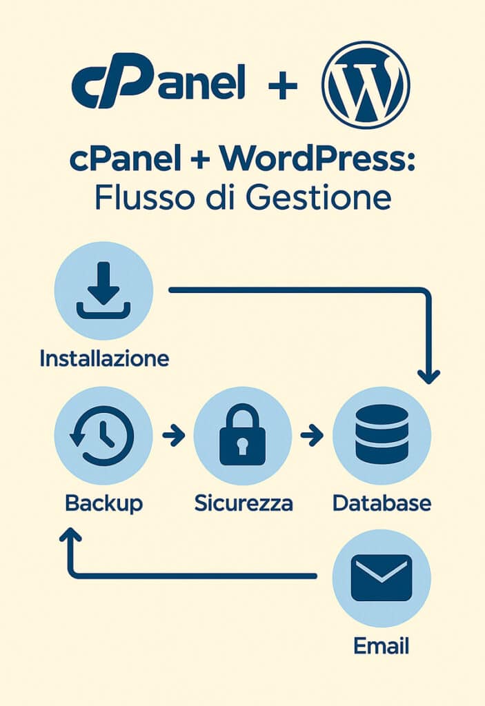 Modello visuale del flusso di gestione sito WordPress tramite cPanel: installazione, backup, sicurezza, database, email