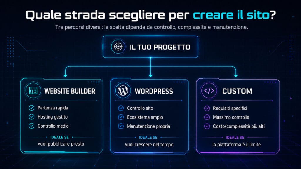Come creare un sito web da zero: guida passo passo 1 Diagramma tecnologico che confronta website builder, WordPress e sviluppo custom per scegliere come creare un sito web