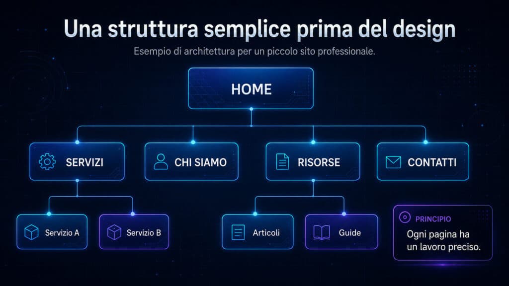 Come creare un sito web da zero: guida passo passo 2 Sitemap tecnologica di un sito professionale con home, servizi, chi siamo, risorse e contatti