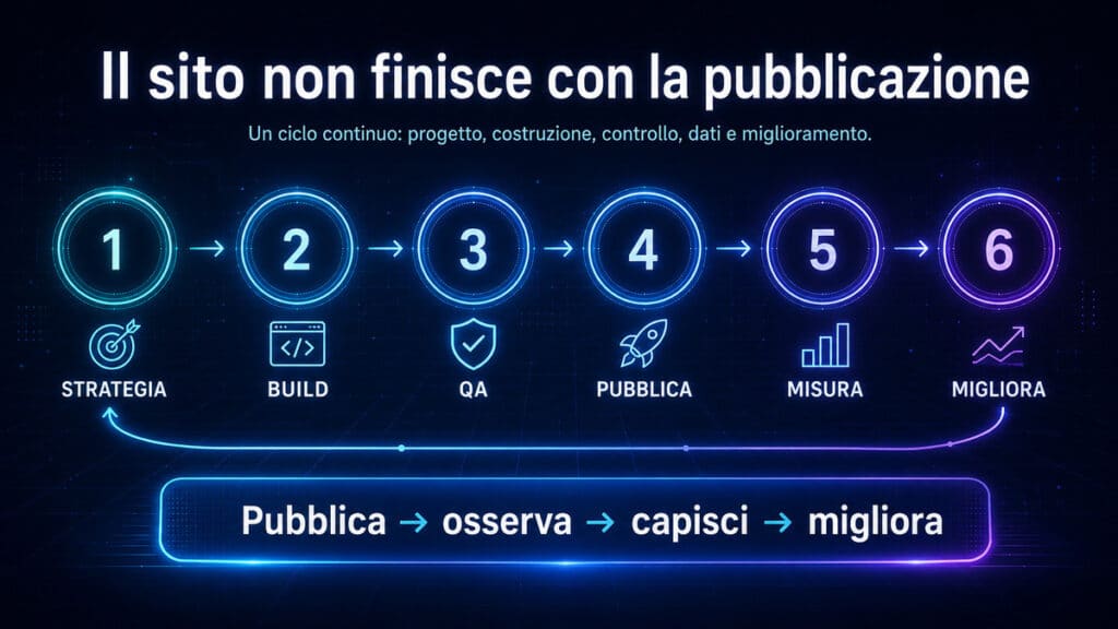 Come creare un sito web da zero: guida passo passo 3 Workflow tecnologico del sito web dalla strategia alla pubblicazione, misurazione e miglioramento