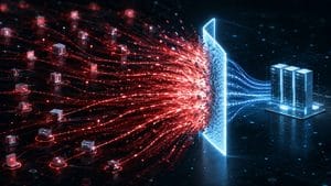 Traffico distribuito di un attacco DDoS che converge verso un'infrastruttura web protetta all'edge