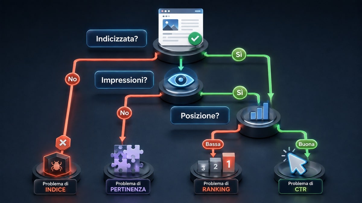 Indicizzazione e posizionamento su Google: qual è la differenza? 2 Percorso diagnostico per distinguere problemi di indicizzazione, pertinenza, ranking e CTR