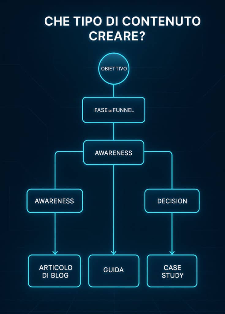 Diagramma decisionale su quale tipo di contenuto creare in una strategia di content marketing, basato su obiettivo e fase del funnel.