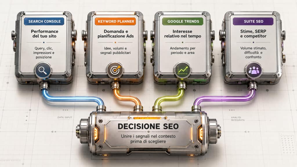 Keyword tool: i migliori strumenti per la keyword research e come scegliere quello giusto 1 Schema delle differenze tra Search Console, Keyword Planner, Google Trends e suite SEO.