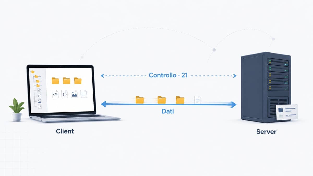 FTP: cos’è, come funziona e come usarlo con WordPress 1 Schema della connessione FTP con canale di controllo e canale dati tra client e server