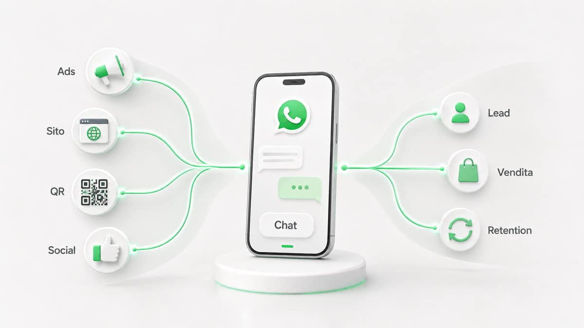 Marketing su WhatsApp: strategia, campagne ed esempi per aziende 1 Funnel del marketing su WhatsApp da advertising e sito alla conversazione, vendita e retention