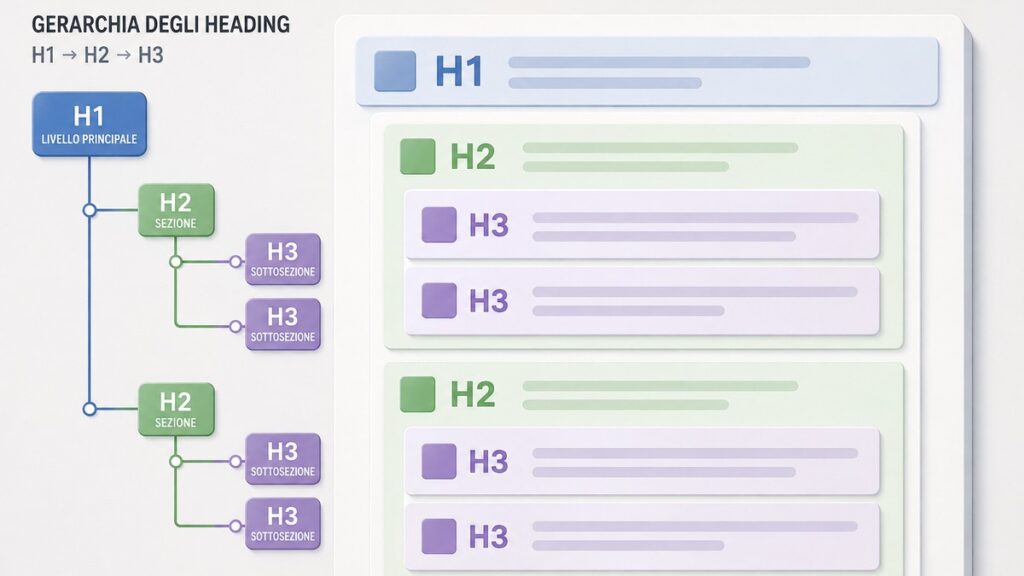 Heading tag: cosa sono e come usare H1, H2 e H3 correttamente 1 Gerarchia degli heading HTML con H1 principale, sezioni H2 e sottosezioni H3