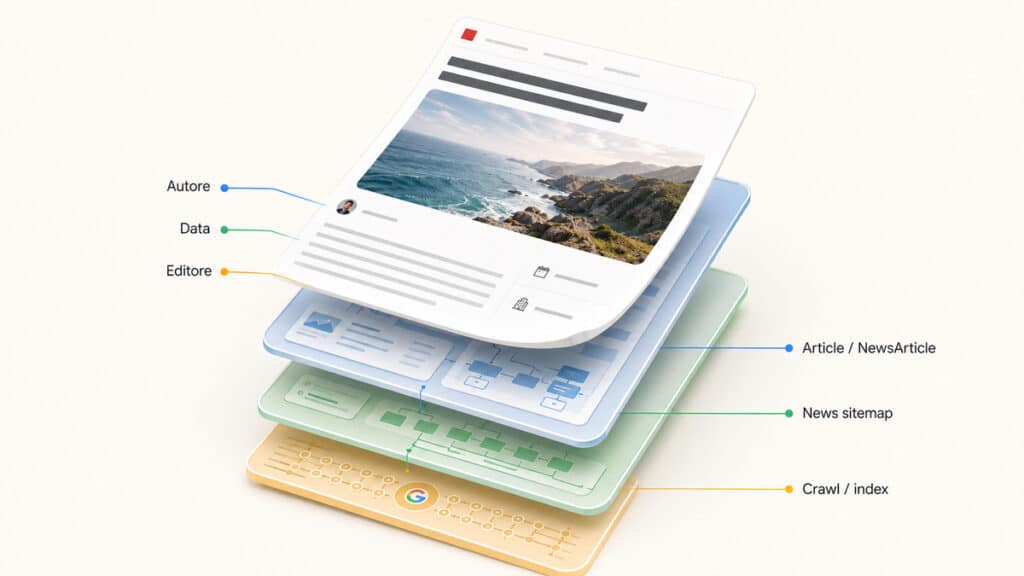 Google News: come far comparire il tuo sito e quali requisiti servono 2 Articolo digitale a strati con autore, data, editore, Article NewsArticle, News sitemap e crawl index