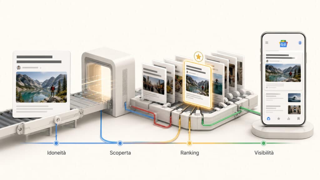 Google News: come far comparire il tuo sito e quali requisiti servono 1 Percorso di un articolo da idoneità e scoperta fino al ranking e alla visibilità nelle superfici news