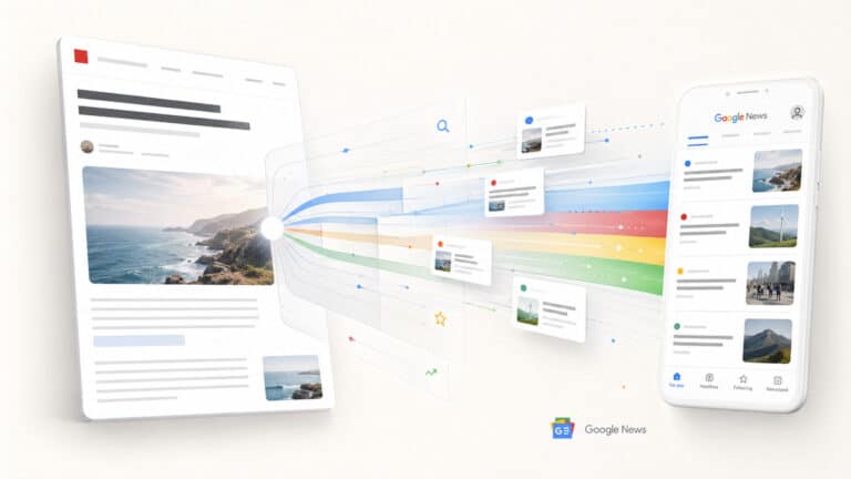 Illustrazione di un articolo digitale distribuito attraverso un flusso editoriale verso Google News