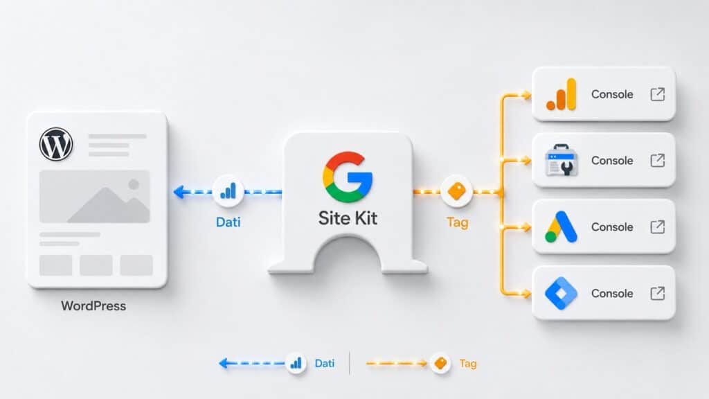 Google Site Kit per WordPress: cos’è, come configurarlo e cosa puoi fare davvero 1 Schema del ruolo di Google Site Kit tra WordPress e le console dei servizi Google