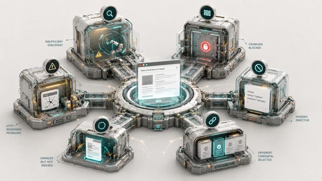 Indicizzazione Google: cos’è, come funziona e perché una pagina entra nell’indice 2 Mappa diagnostica delle principali cause di mancata indicizzazione: discovery, crawling, noindex, canonical, scansione senza indice ed errori HTTP o rendering.