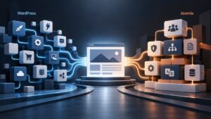 Confronto visuale tra WordPress e Joomla rappresentati come due diverse architetture per la gestione di un sito
