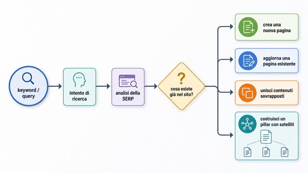 SEO: cos'è, come funziona e come costruire una strategia efficace 2 Flusso da keyword e intento di ricerca all'analisi SERP e alla scelta tra nuova pagina, aggiornamento, merge o pillar con satelliti