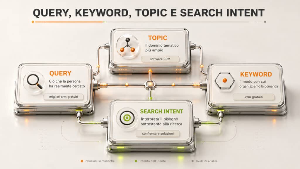 Keyword SEO: cosa sono, come funzionano e come usarle correttamente 1 Schema che distingue query, keyword, topic e search intent nella ricerca SEO