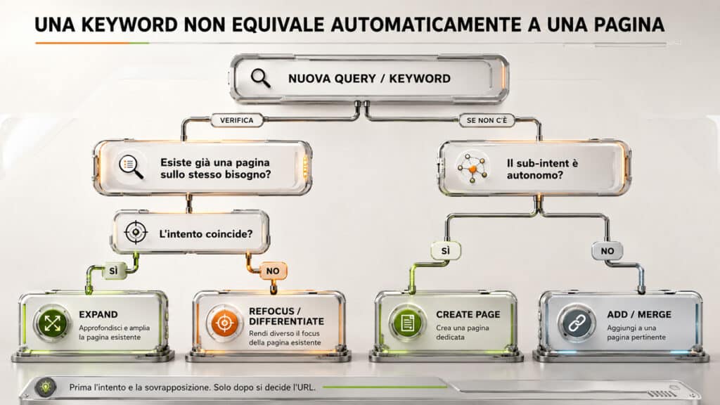 Keyword SEO: cosa sono, come funzionano e come usarle correttamente 2 Diagramma decisionale per stabilire se una keyword richiede una nuova pagina o l’aggiornamento di una pagina esistente