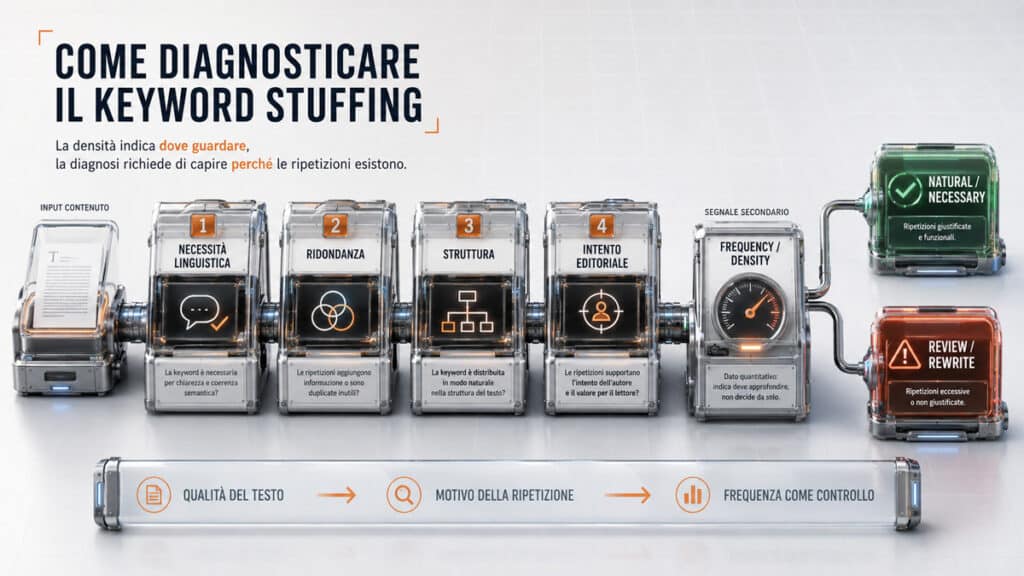 Keyword stuffing: cos’è, cosa dice Google e come evitarlo 1 Flusso editoriale che passa da uso naturale della keyword a ripetizione forzata e deformazione del contenuto