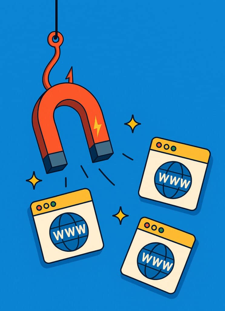 Illustrazione con calamita rossa che attrae icone di siti web, rappresentazione del link baiting come tecnica efficace di link building.