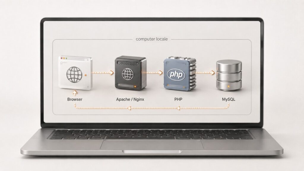 Schema del funzionamento di MAMP tra browser, web server, PHP e MySQL sul computer locale