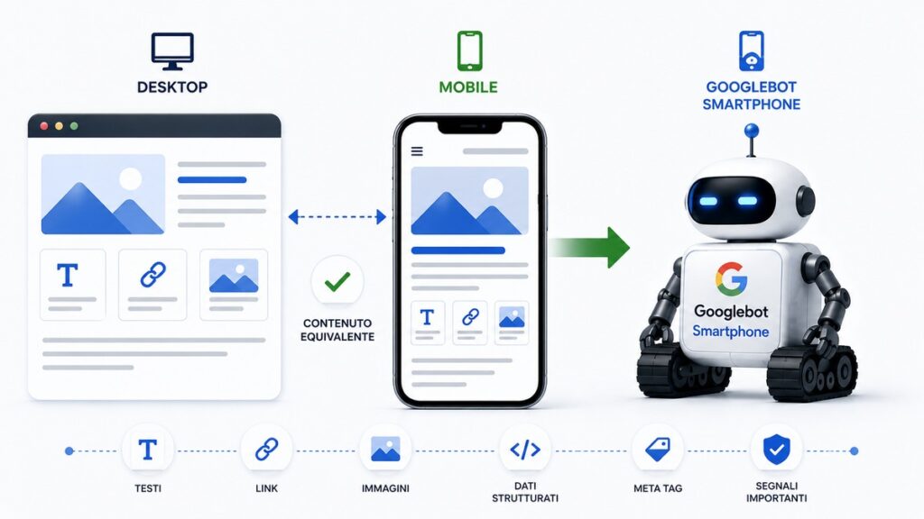 Mobile-first indexing: cos’è, come funziona e cosa controllare oggi 1 Confronto tra contenuto desktop e mobile nel mobile-first indexing con Googlebot Smartphone