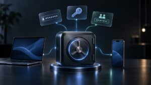 Password manager che protegge password e passkey sincronizzate tra computer e smartphone