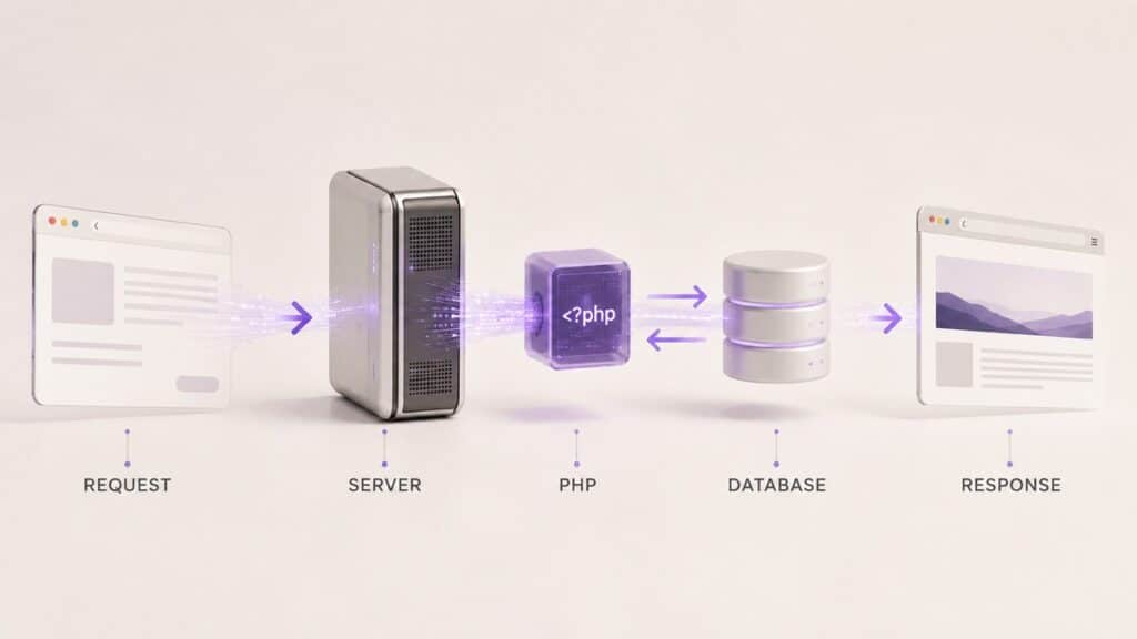 PHP: cos’è, come funziona e a cosa serve nel web e in WordPress 1 Flusso di una richiesta web dal browser al server PHP, database e risposta finale