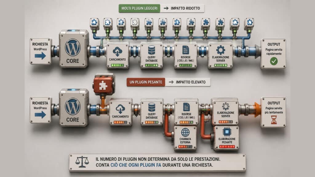 Plugin WordPress: cosa sono, come funzionano e come scegliere quelli giusti 2 Confronto tra molti plugin leggeri e un plugin pesante nelle performance WordPress