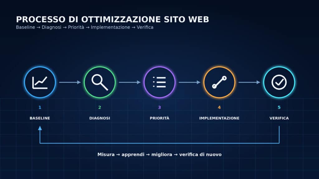 Ottimizzazione sito web: analisi e interventi per migliorare visibilità, performance e conversioni 2 Processo di ottimizzazione sito web dalla baseline alla diagnosi, priorità, implementazione e verifica