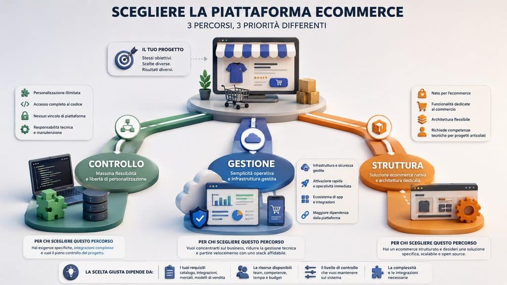 Sito ecommerce: come progettarlo e realizzarlo per vendere online 2 Tre percorsi di scelta della piattaforma ecommerce basati su controllo, gestione e struttura