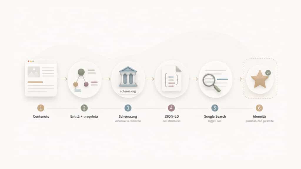 Schema markup: cos’è, come funziona e come usare i dati strutturati per Google 1 Schema del processo che collega contenuto, entità, Schema.org, JSON-LD e possibile utilizzo in Google Search